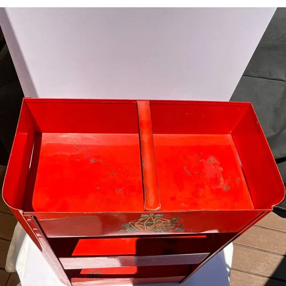 Red metal vegetable bin, Pantry veggie and fruit bin vintage farmhouse decal